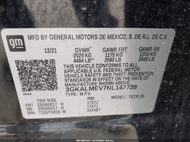 2022 Gmc Terrain Fwd Sle მანქანა იყიდება აუქციონზე, vin: 3GKALMEV7NL147728, აუქციონის ნომერი: 45501373