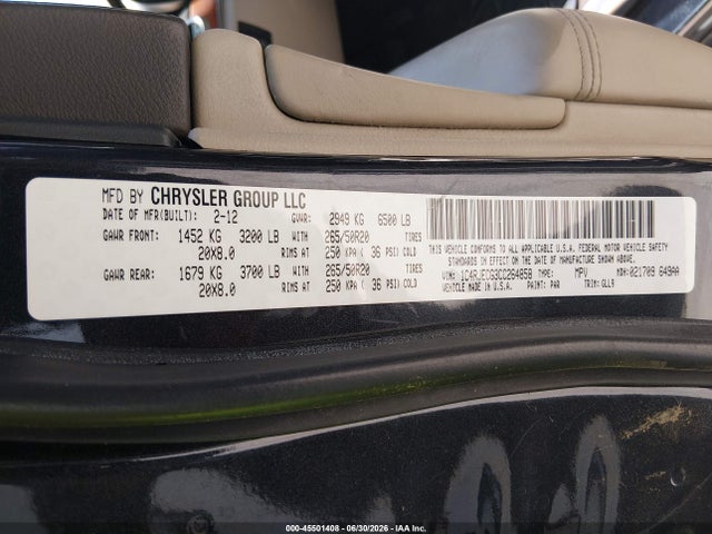 45501408 :رقم المزاد ، 1C4RJECG3CC264858 vin ، 2012 Jeep Grand Cherokee Overland مزاد بيع