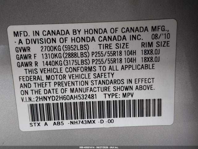 Aukcja sprzedaży 2010 Acura Mdx Technology Package, vin: 2HNYD2H60AH532481, numer aukcji: 45501414