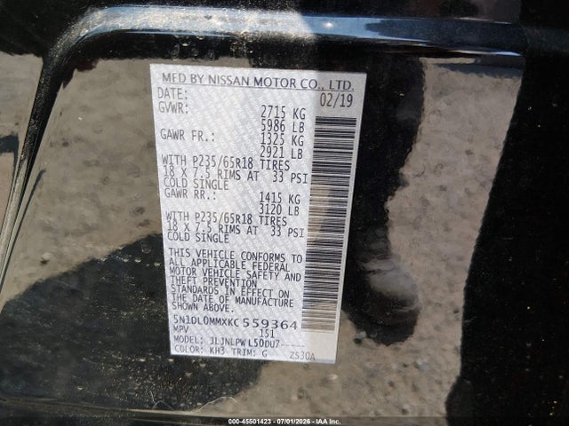 Aukcja sprzedaży 2019 Infiniti Qx60 Pure, vin: 5N1DL0MMXKC559364, numer aukcji: 45501423