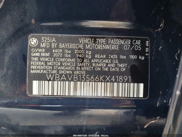 Aukcja sprzedaży 2006 Bmw 325i, vin: WBAVB13566KX41891, numer aukcji: 45501439