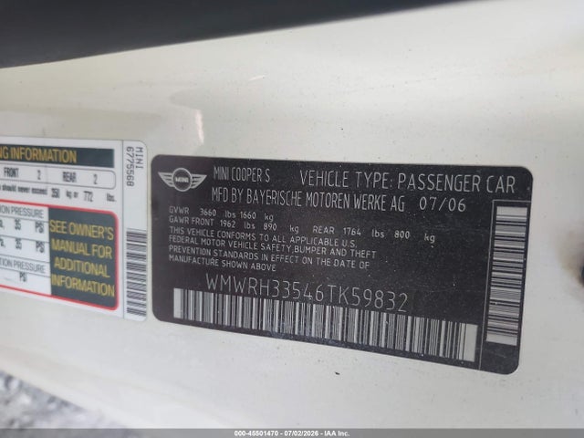 45501470 :رقم المزاد ، WMWRH33546TK59832 vin ، 2006 Mini Cooper S مزاد بيع