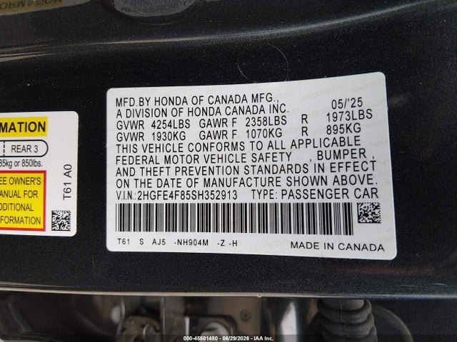 45501480 :رقم المزاد ، 2HGFE4F85SH352913 vin ، 2025 Honda Civic Hybrid Sport/sport Touring مزاد بيع