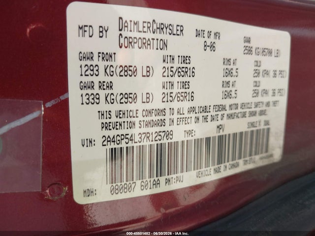 45501482 :رقم المزاد ، 2A4GP54L37R125709 vin ، 2007 Chrysler Town & Country Touring مزاد بيع