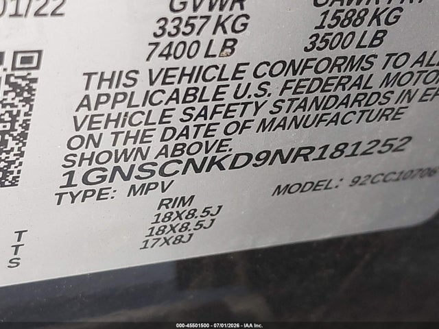 1GNSCNKD9NR181252 Chevrolet Tahoe 2wd Lt