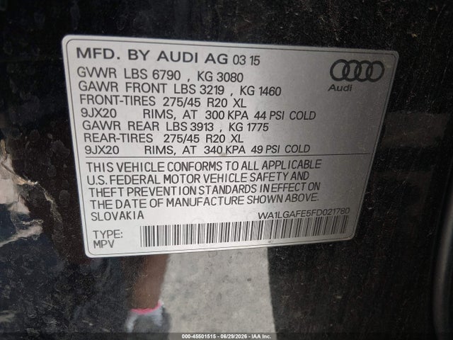 Aukcja sprzedaży 2015 Audi Q7 3.0t Premium, vin: WA1LGAFE5FD021780, numer aukcji: 45501515