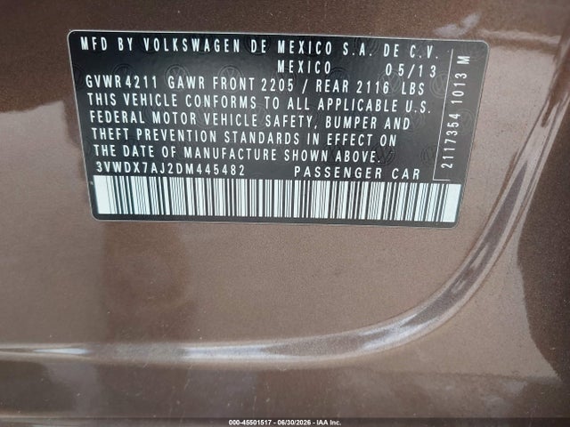 2013 Volkswagen Jetta 2.5l Se მანქანა იყიდება აუქციონზე, vin: 3VWDX7AJ2DM445482, აუქციონის ნომერი: 45501517