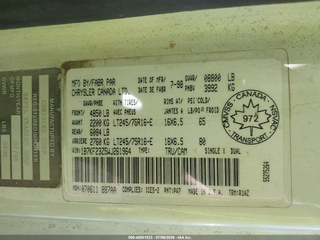 Продаж на аукціоні авто 1998 Dodge Ram 2500 St, vin: 1B7KF23Z5WJ261964, номер лоту: 45501523