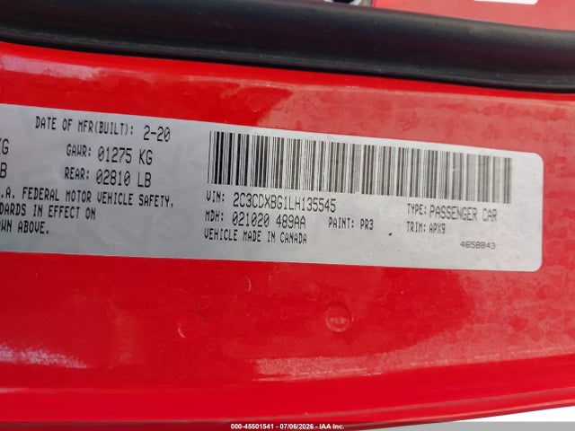 Aukcja sprzedaży 2020 Dodge Charger Sxt Rwd, vin: 2C3CDXBG1LH135545, numer aukcji: 45501541