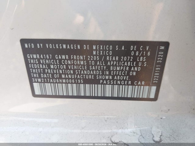 Продажа на аукционе авто 2017 Volkswagen Golf Tsi S 4-door, vin: 3VW217AU6HM006195, номер лота: 45501590
