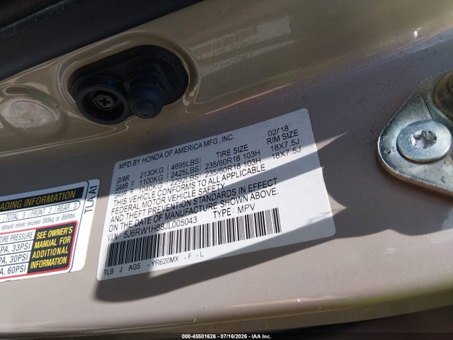 Продажа на аукционе авто 2018 Honda Cr-v Ex-l/ex-l Navi, vin: 5J6RW1H88JL005043, номер лота: 45501626