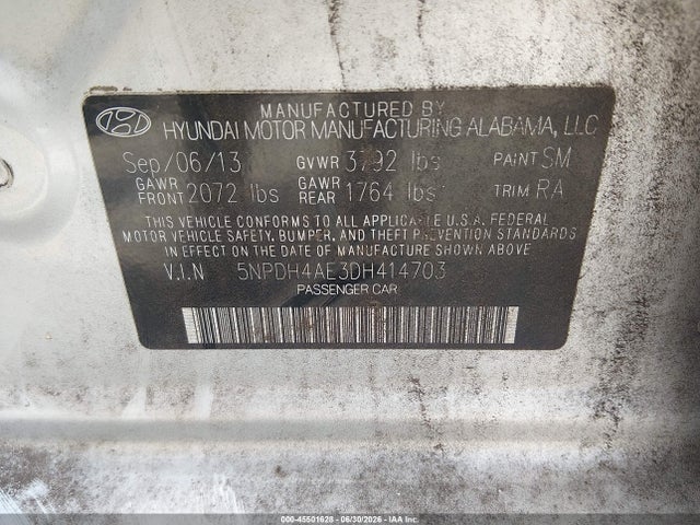 2013 Hyundai Elantra Gls მანქანა იყიდება აუქციონზე, vin: 5NPDH4AE3DH414703, აუქციონის ნომერი: 45501628