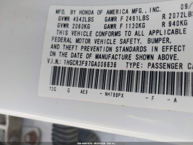 2016 Honda Accord Touring მანქანა იყიდება აუქციონზე, vin: 1HGCR3F97GA006636, აუქციონის ნომერი: 45501676