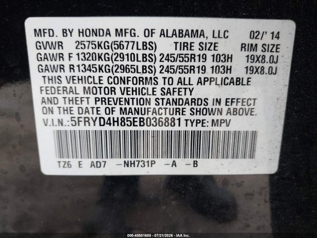 45501685 :رقم المزاد ، 5FRYD4H85EB036881 vin ، 2014 Acura Mdx Advance Pkg W/entertainment Pkg مزاد بيع