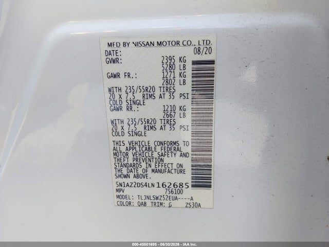Продажа на аукционе авто 2020 Nissan Murano Platinum Intelligent Awd, vin: 5N1AZ2DS4LN162685, номер лота: 45501695