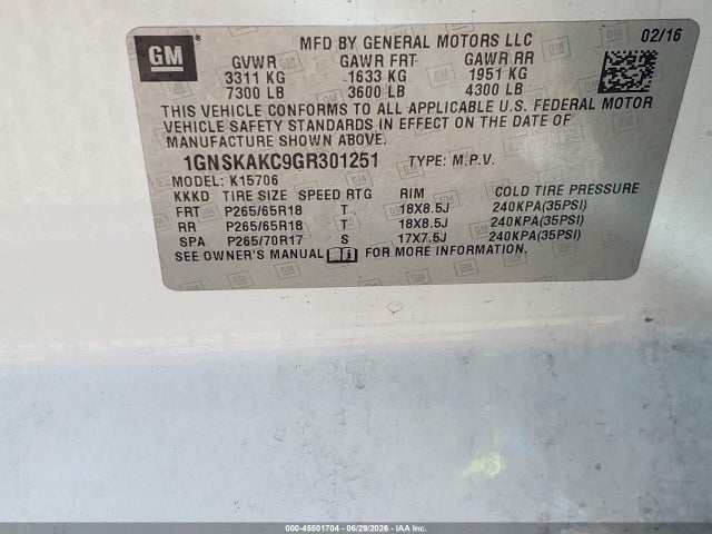 Продажа на аукционе авто 2016 Chevrolet Tahoe Ls, vin: 1GNSKAKC9GR301251, номер лота: 45501704