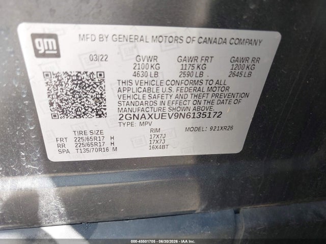 45501705 :رقم المزاد ، 2GNAXUEV9N6135172 vin ، 2022 Chevrolet Equinox Awd Lt مزاد بيع