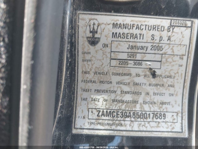 45501708 :رقم المزاد ، ZAMCE39A850017689 vin ، 2005 Maserati Quattroporte مزاد بيع