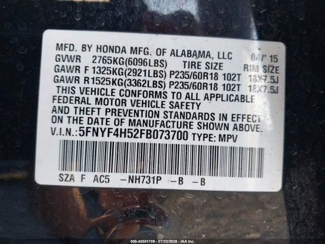 Honda Pilot Ex-l 2015 5FNYF4H52FB073700 Image 9