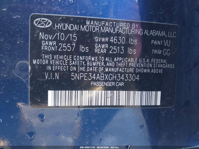 45501735 :رقم المزاد ، 5NPE34ABXGH343304 vin ، 2016 Hyundai Sonata Limited 2.0t مزاد بيع