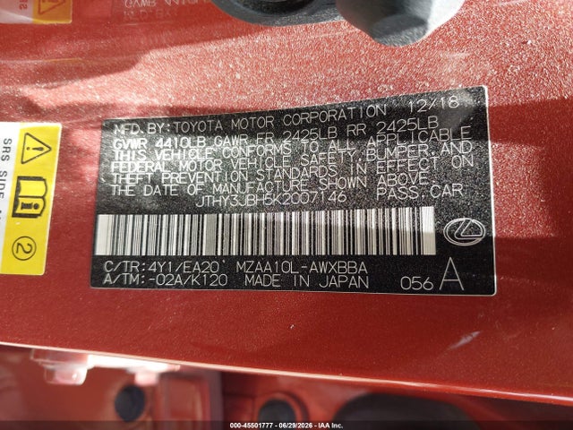 Auction sale of the 2019 Lexus Ux 200, vin: JTHY3JBH5K2007146, lot number: 45501777