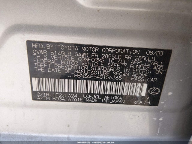 Продаж на аукціоні авто 2004 Lexus Ls 430, vin: JTHBN36F540126365, номер лоту: 45501791
