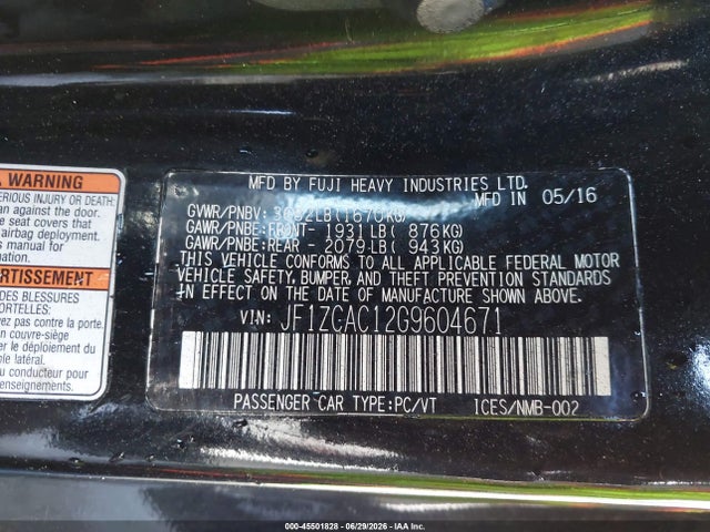 Aukcja sprzedaży 2016 Subaru Brz Limited, vin: JF1ZCAC12G9604671, numer aukcji: 45501828