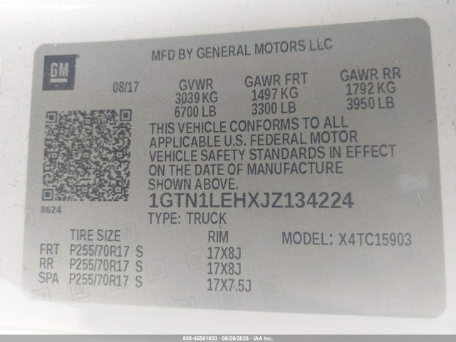 Aukcja sprzedaży 2018 Gmc Sierra 1500, vin: 1GTN1LEHXJZ134224, numer aukcji: 45501833