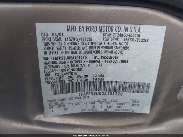Продаж на аукціоні авто 2002 Ford Taurus Se, vin: 1FAFP53U02A101270, номер лоту: 45501846