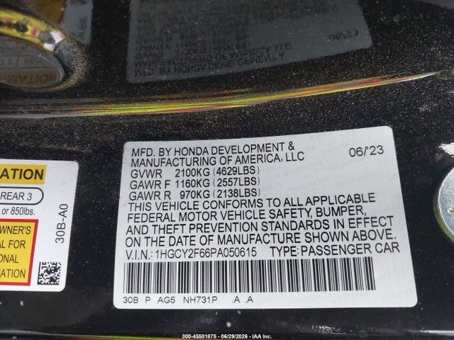 2023 Honda Accord Hybrid Ex-l მანქანა იყიდება აუქციონზე, vin: 1HGCY2F66PA050615, აუქციონის ნომერი: 45501875