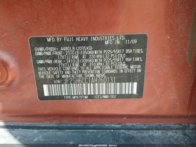 Продажа на аукционе авто 2010 Subaru Forester 2.5x Premium, vin: JF2SH6CC1AH760131, номер лота: 45501876