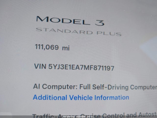 Aukcja sprzedaży 2021 Tesla Model 3 Standard Range Plus Rear-wheel Drive, vin: 5YJ3E1EA7MF871197, numer aukcji: 45501883