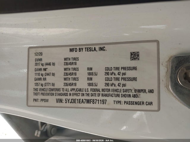 Aukcja sprzedaży 2021 Tesla Model 3 Standard Range Plus Rear-wheel Drive, vin: 5YJ3E1EA7MF871197, numer aukcji: 45501883