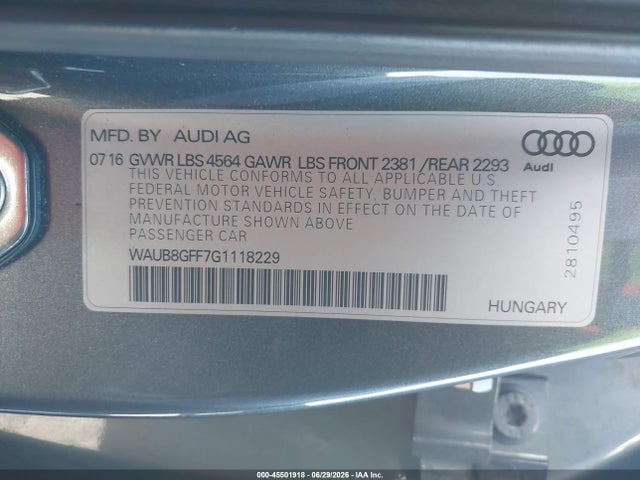 Aukcja sprzedaży 2016 Audi A3 2.0t Premium, vin: WAUB8GFF7G1118229, numer aukcji: 45501918