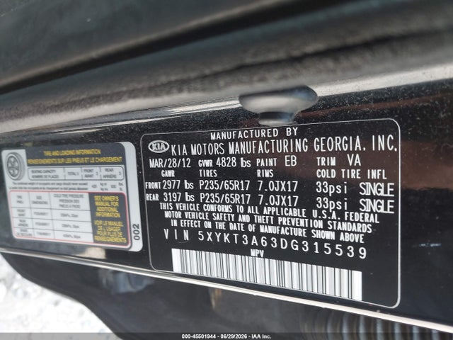 Продаж на аукціоні авто 2013 Kia Sorento Lx, vin: 5XYKT3A63DG315539, номер лоту: 45501944