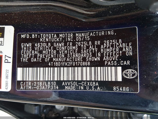 Продажа на аукционе авто 2015 Toyota Camry Hybrid Xle, vin: 4T1BD1FK2FU170868, номер лота: 45501958