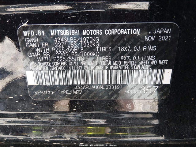 Aukcja sprzedaży 2022 Mitsubishi Outlander Sport 2.0 Le Awc, vin: JA4ARUAU6NU003191, numer aukcji: 45501959