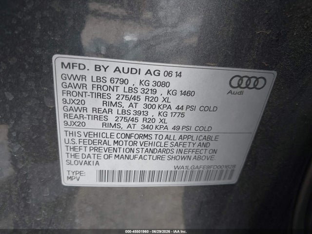 Продаж на аукціоні авто 2015 Audi Q7 3.0t Premium, vin: WA1LGAFE9FD001628, номер лоту: 45501960