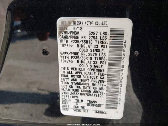 45501971 :رقم المزاد ، JN8AZ1MW7DW319109 vin ، 2013 Nissan Murano S مزاد بيع