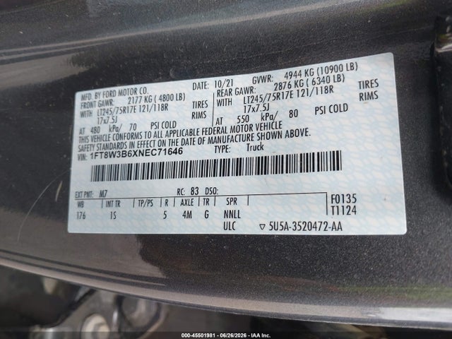 1FT8W3B6XNEC71646 Ford F-350 King Ranch/lariat/platinum/xl/xlt