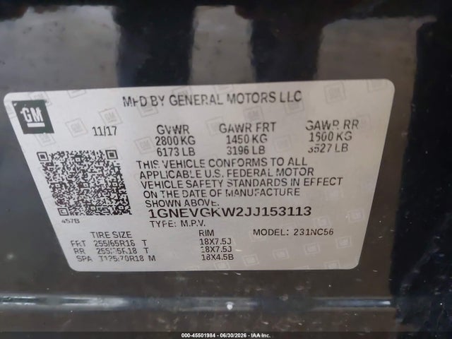45501984 :رقم المزاد ، 1GNEVGKW2JJ153113 vin ، 2018 Chevrolet Traverse Lt Cloth مزاد بيع