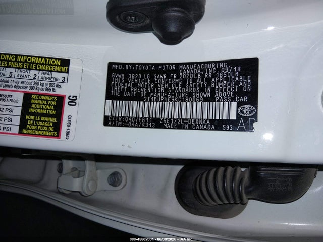 Aukcja sprzedaży 2019 Toyota Corolla Le, vin: 2T1BURHE9KC180069, numer aukcji: 45502001