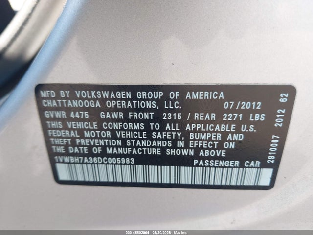 Продаж на аукціоні авто 2013 Volkswagen Passat 2.5l Se, vin: 1VWBH7A36DC005983, номер лоту: 45502004