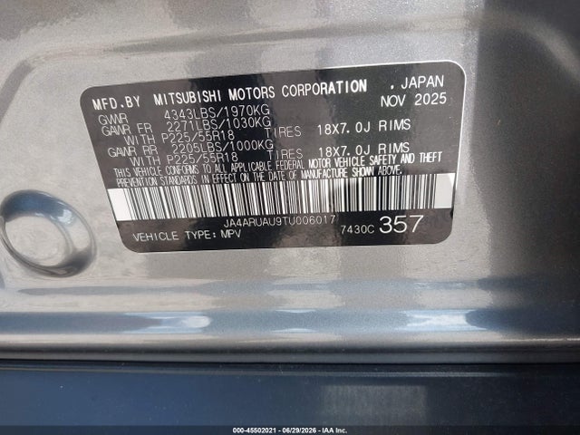 Auction sale of the 2026 Mitsubishi Outlander Sport 2.0 Es/2.0 Le/2.0 Ralliart/2.0 S/2.0 Se/2.0 Trail Edition, vin: JA4ARUAU9TU006017, lot number: 45502021