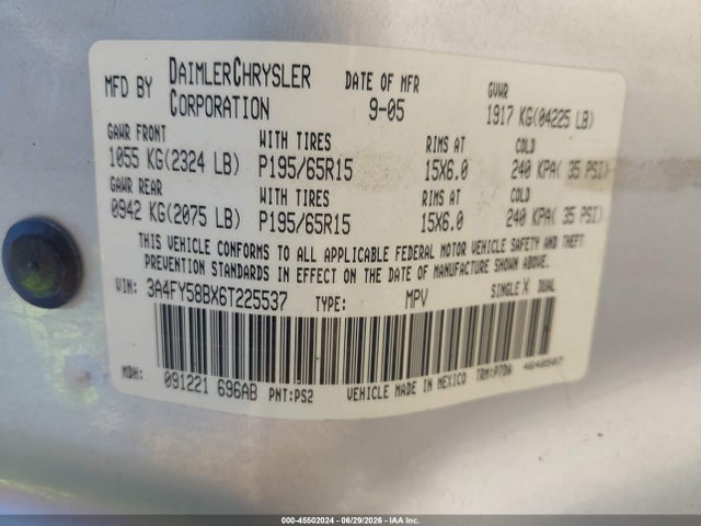 45502024 :رقم المزاد ، 3A4FY58BX6T225537 vin ، 2006 Chrysler Pt Cruiser Touring مزاد بيع