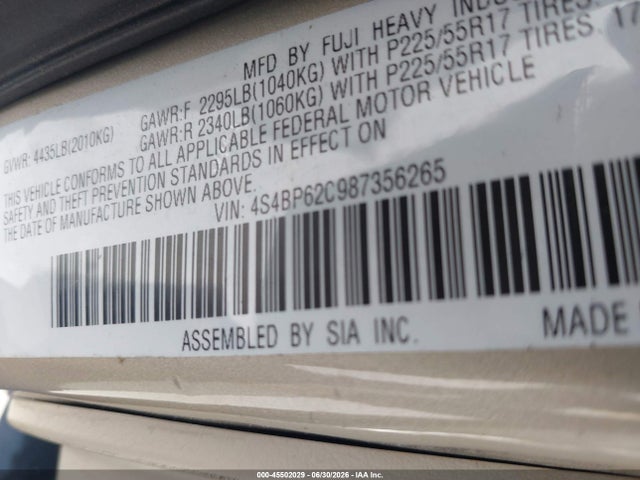 Продаж на аукціоні авто 2008 Subaru Outback (natl) Ltd/ltd Ll Bean W/nav/ltd Ll Bean W/nav/vdc/ltd W/vdc, vin: 4S4BP62C987356265, номер лоту: 45502029