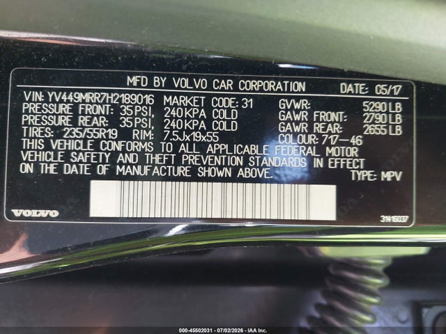 Aukcja sprzedaży 2017 Volvo Xc60 T6 Dynamic, vin: YV449MRR7H2189016, numer aukcji: 45502031