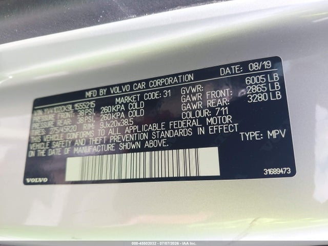 45502032 :رقم المزاد ، YV4102CK9L1555215 vin ، 2020 Volvo Xc90 T5 Momentum 7 Passenger مزاد بيع