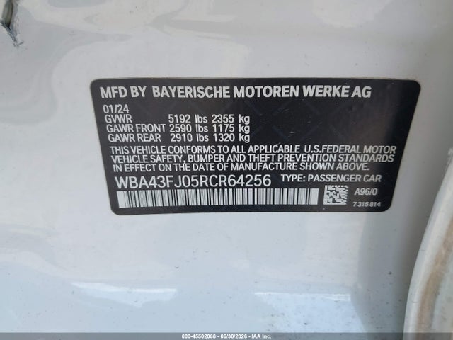 45502068 :رقم المزاد ، WBA43FJ05RCR64256 vin ، 2024 Bmw 530i مزاد بيع