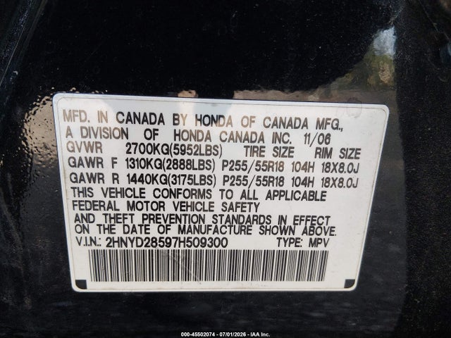 45502074 :رقم المزاد ، 2HNYD28597H509300 vin ، 2007 Acura Mdx Sport Package مزاد بيع